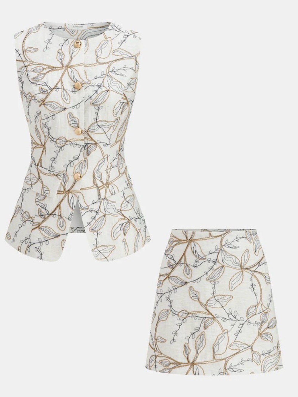 Commense Cream & Gold Botanical Embroidered Vest and Skirt Set